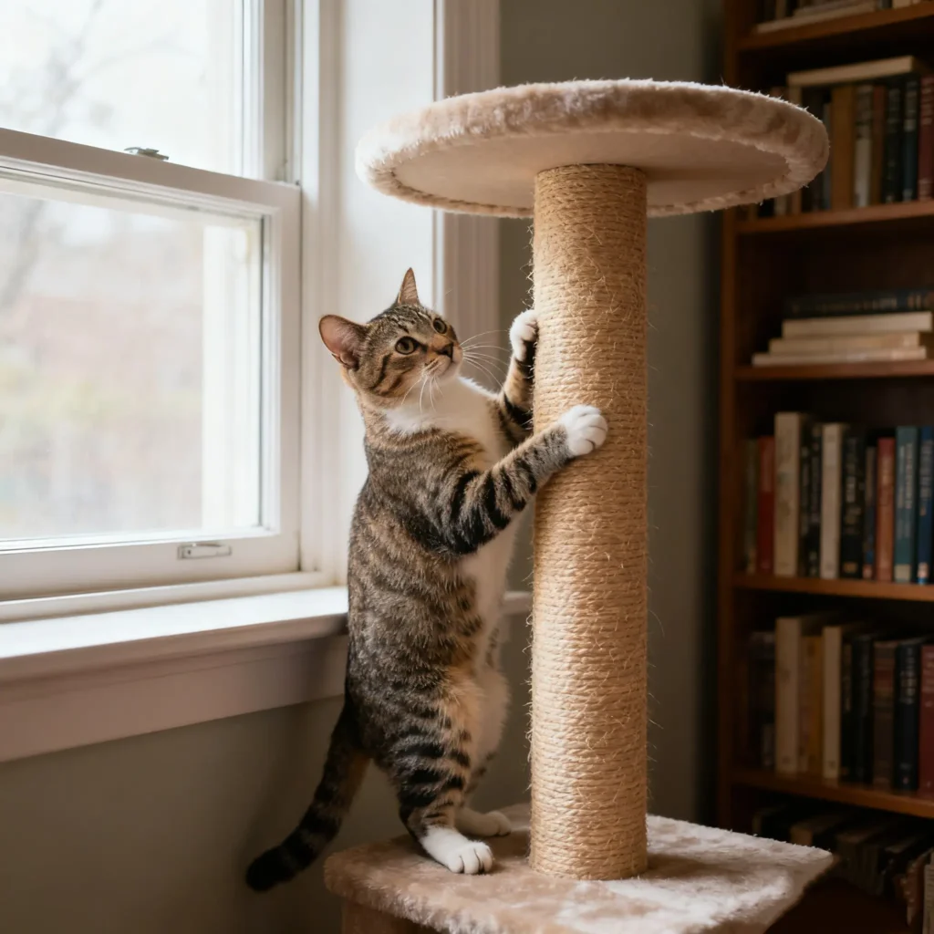 The cat is climbing the cat tree again