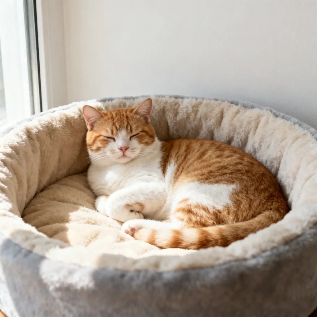 The cat is in the cat bed.