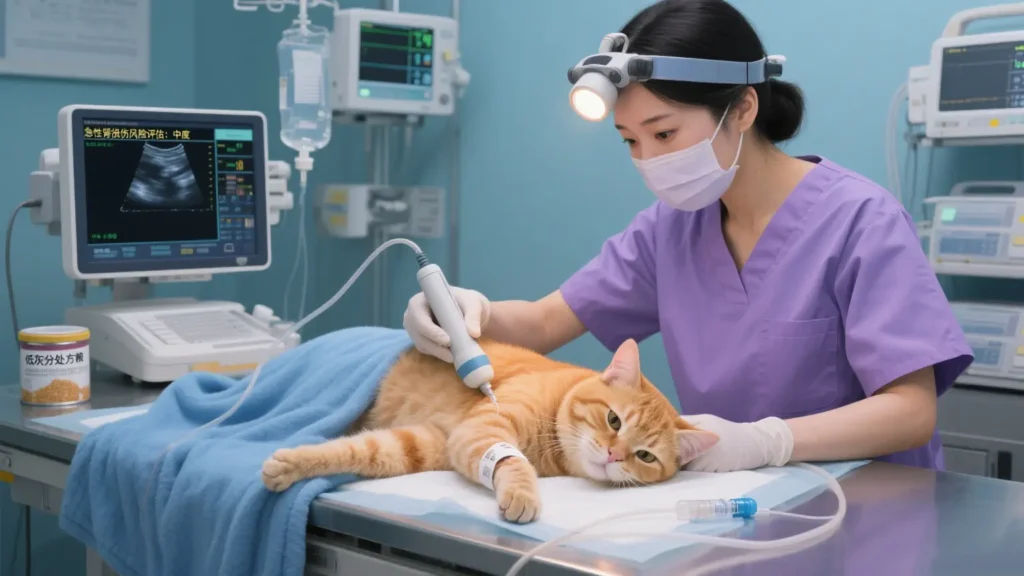 Vet taking cats to the vet, examining cat.