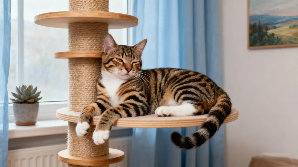 The cat is lying on the cat tree.