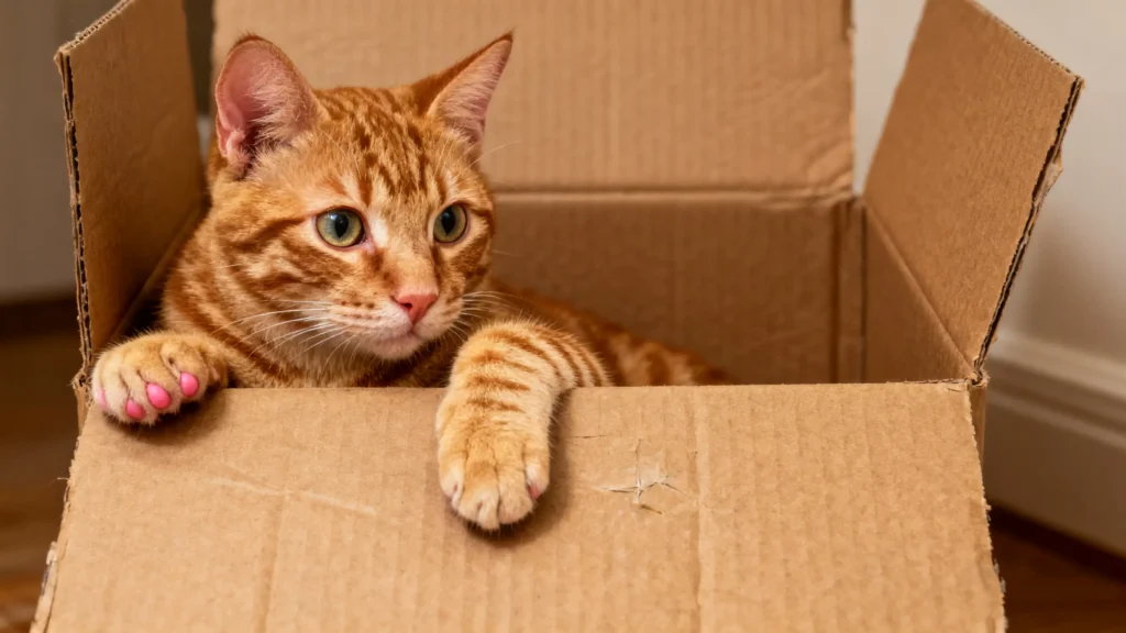 The cat is in the cardboard box.