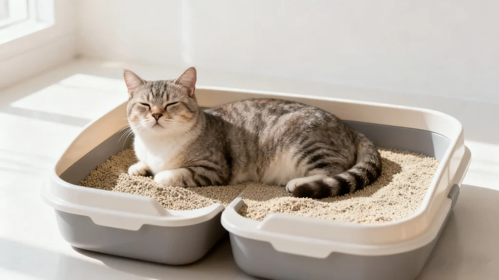 The cat is in the litter box.