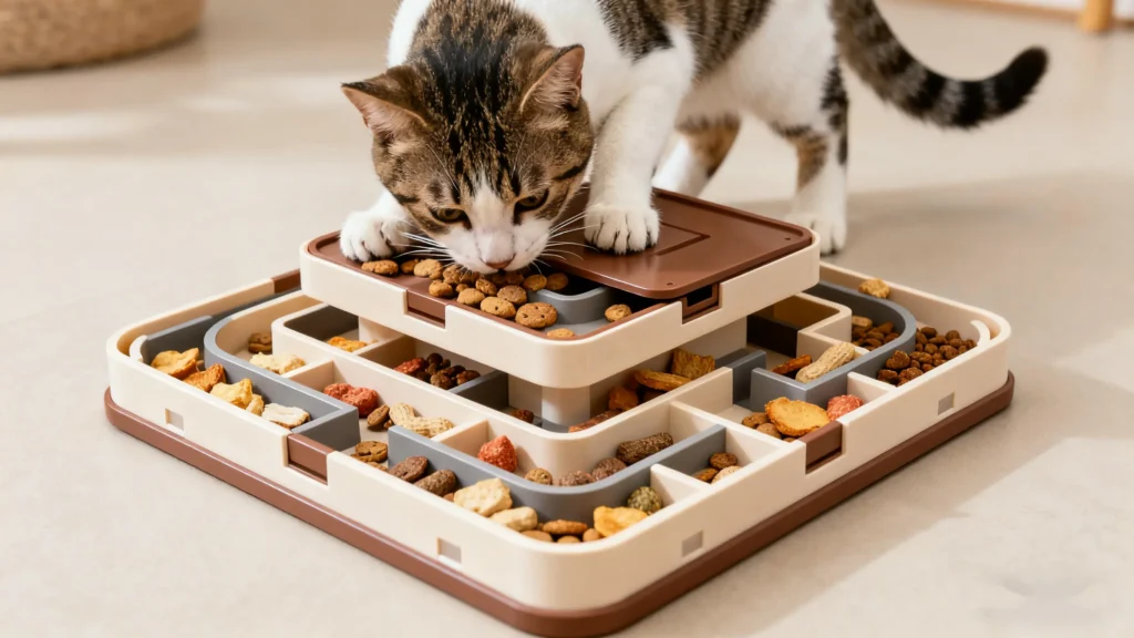 The cat is searching for treats in the maze.