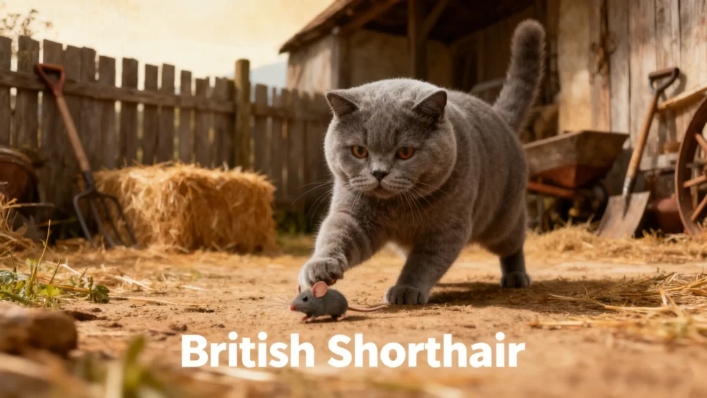 British Shorthair Cat Breed on Farm with Mouse
