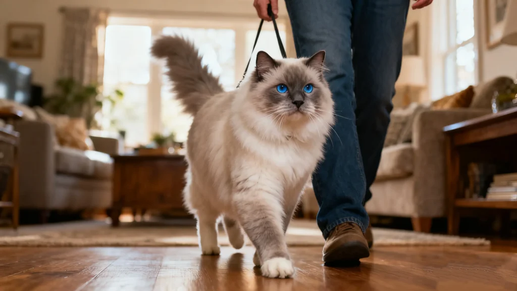 Ragdoll Cat Breed on Leash in Home with Owner