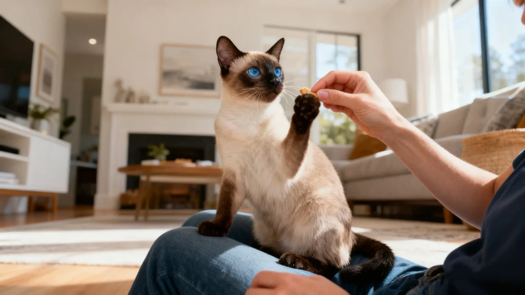 Siamese Cat Breed Being Fed in Home Living Room