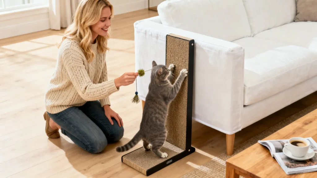 Gray cat scratches on post, woman plays with cats indoors