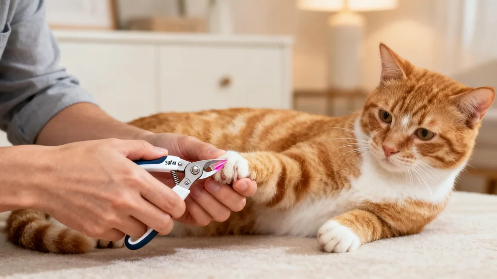Person trims orange cat's nails, care for cats' grooming